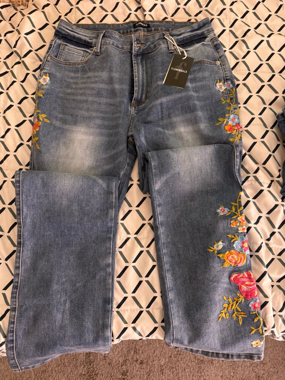 Flamingals Women's Floral Embroidered Blue Denim Jeans